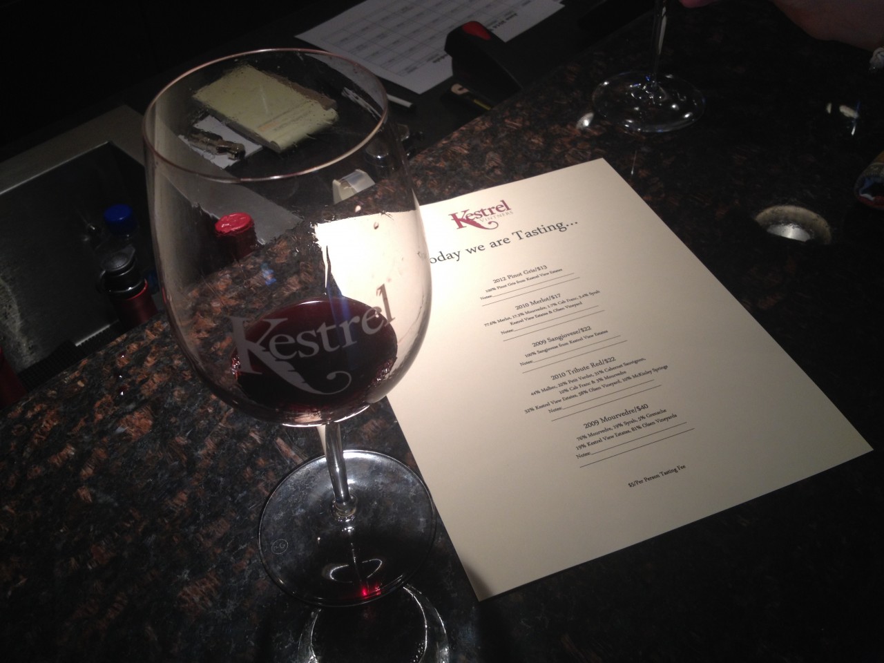 Kestrel wine tasting menu